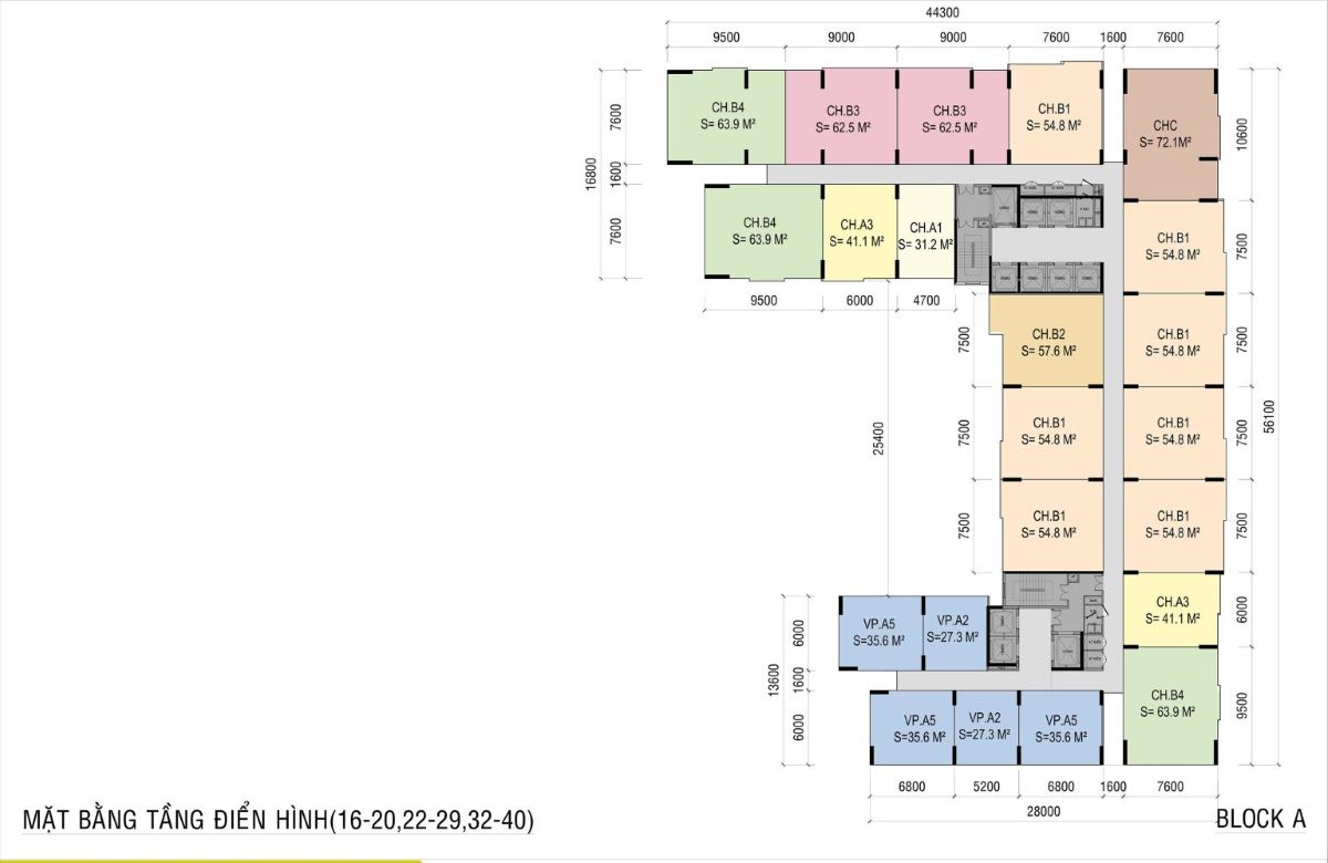 Mặt bằng tầng 16-20, 22-29, 32-40 dự án căn hộ Ava Center